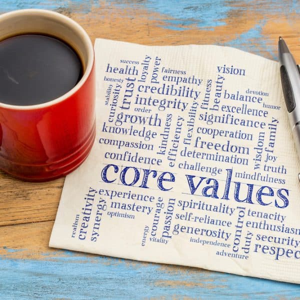 core values word cloud on napkin with coffee
